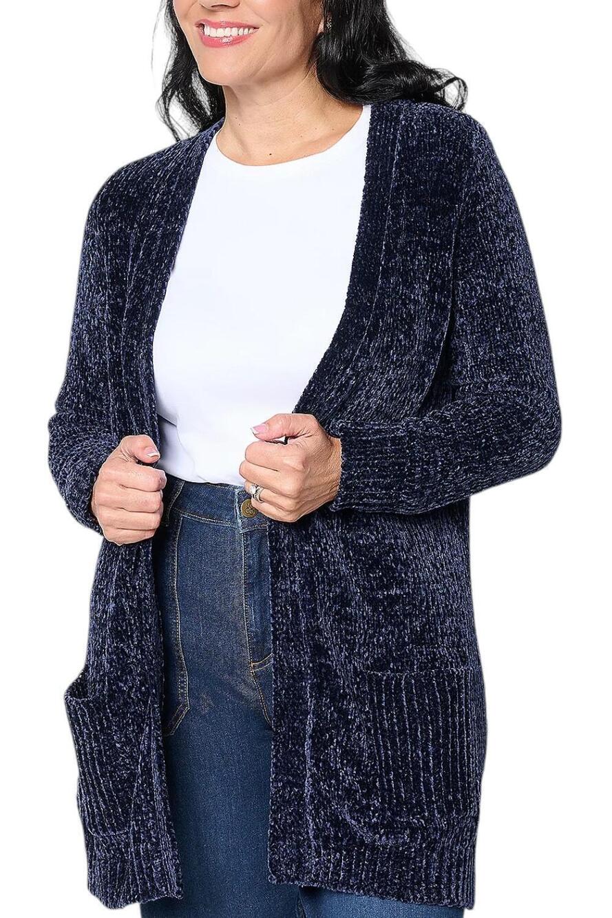 Denim & Co. Women's Chenille Open Front Cardigan Navy - Plus
